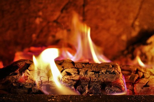 Wood burning in a fireplace